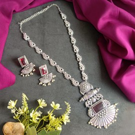 Efulgenz Oxidized Indian Jewelry Necklace Sets Indian Oxidized Jewelry Antique Boho Peacock Chain Pendant Pink Crystal Necklace Set Faux Pearl Drop Jhumka Dangle Earrings Bohemian Statement Jewelry