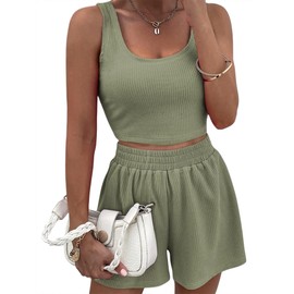 Edhomenn Women's Solid Color Vest Pants Sets Ribbed Square Neck Crop Tank Tops and Loose Shorts (Green, XL)