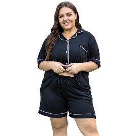 Vozanet Women's Plus Size Button Down Pajamas Soft Lounge Sets Shorts with Pockets Bride Nighty Solid Soft Pjs 1x to 5x, Black, 4X-Large