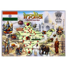 India Graphic Map and Attractions Souvenir Fridge Magnet 2.5" X 3.5"
