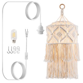 FLSFU 2023 Upgraded Boho Plug in Pendant Light,Hanging Light with Light Bulb, Hanging Lamp with Handmade Macrame Lamp Shade,Boho Hanging Light Fixtures for Bedroom Decor Living Room