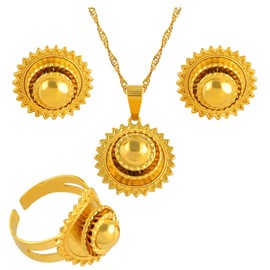 Ethiopian Jewelry for Women Set - Ethiopian Traditional Jewelry - Eritrea Gold Jewelry - Ethiopian Small Set Jewelry Necklace Earrings Ring Gold Color African Bridal Sets Eritrean Wedding
