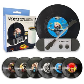 Funny Retro Vinyl Record Coasters, Creative Drink Coasters Set of 6 with Vinyl Record Player Holder for Music Lovers, Housewarming Hostess Gifts, Birthday and White Elephant Gifts Ideas (6, V1)