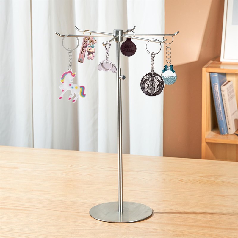 bjewego Rotating Keychain Display Stand - Height-adjustable Brushed Silver Metal