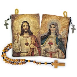 Rosary Pouch with Olive Wood Catholic Rope Rosary from Israel, Sacred Heart of Jesus & Immaculate Heart of Mary Woven Fabric Tapestry Style Icon Travel Bag, Religious Catholic Gift Set