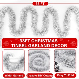 33Ft Christmas Garland Silver,Christmas Tinsel Garland Christmas Metallic Twist Garland Ceiling Hanging Christmas Garland for Indoor Outdoor Xmas Tree Stair Fireplace Party Christmas Decor