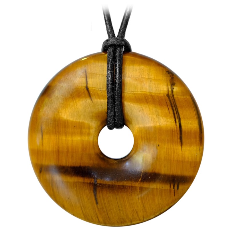 Kaltner Presents Necklace Tiger Eye Gemstone Donut Pendant with Leather