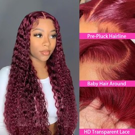 99j Burgundy Lace Front Wigs Human Hair Deep Wave Pre Plucked Red Curly Human Hair Wig 4x4 HD Colored Frontal Glueless Wet and Wavy Wigs for Black Women (99j Deep 4x4 lace front wigs, 28 Inch)