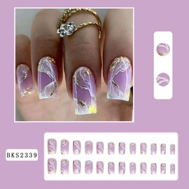 Press on Nails Medium Square Coffin Pink Waves French Tip Fake Nails Short with Designs Full Cover False Nails Square French Tip Glue on Nails Cute Short Square Acrylic Thick Stick on Nails for Women Nails Art 24Pcs BKS2339