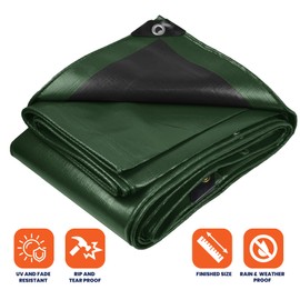 Tarpco Safety Extra Heavy Duty 14 Mil Tarp Cover, Waterproof, UV Resistant, Rip and Tear Proof, Poly Tarpaulin with Reinforced Edges for Roof, Camping, Patio, Pool, Boat (Green/Black 9′ X 12′)