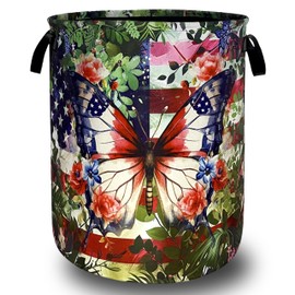 Beautiful Butterfly American Flag Laundry Basket Foldable Oxford Cloth Laundry Hamper With Handle Portable Clothes Storage Basket 18.9 X 16.5 Inch Storage Bag For Laundry Room/Bathroom/Bedroom