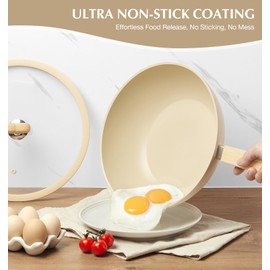 Wok with Lid, 5 Quart Wok Pan with Nonstick Cream Interior, Nonstick Wok with Cool-touch Heart-shaped Handles, Flat Bottom Woks with Lid, Deep Pan Induction Compatible, Cream Woks - 11 Inch