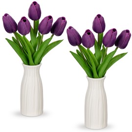 Briful 2 Packs Faux Flowers Artificial Tulips with Ceramic Vase, Poly Foam Purple Tulips Real Touch Flower Arrangement for Home Kitchen Wedding Centerpiece Decoration