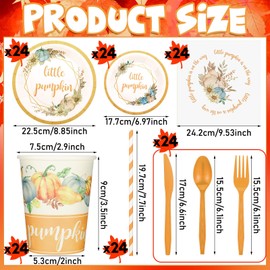 Tanlade 193 Pcs Little Pumpkin Baby Shower Party Decoration Set Including Disposable Fall Baby Shower Paper Plates Cups Napkin Straws Plastic Knives Forks Spoons Banner for Autumn Farm Party Supplies