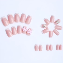 Bow Press on Nails Medium French Tip Fake Nails with Star Design Square Nails Press ons Acrylic Nails Pink False Nails Glossy Full Cover Glue on Nails for Women Valentine's Day Manicure 24Pcs