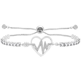 Oneress Exquisite and Romantic Silver Color Zircon Heart Shaped Bolo Bracelet, Lady Charming Heartbeat Adjusting Slider Arrow Bracelet for Birthday, Party, Engagement YA4923-white