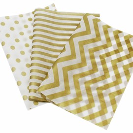 PMLAND Premium Gift Wrapping Tissue Paper - White Metallic Gold Dot Stripe Zigzag Multi - 20 x 14 Inches - 60 Sheets