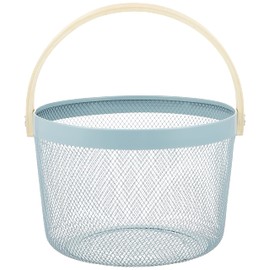 Daikai Linie Storage Iron Basket, Wood Handle, Round, Light Blue