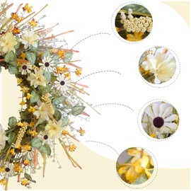 idyllic 20 Inches Autumn Front Door Wreath, Yellow and White Daisies Flowers, Ear of Wheat, Green and Fall Leaves Wreath for Front Door