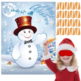 Pin The Nose On The Snowman Christmas Party Games, Christmas Party Decorations Include Large Poster with Blindfold 36PCS Nose Stickers for Kids Xmas Activities Holiday Party Supplies