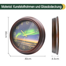 VIKMARI Beautiful Northern Lights Wall Clock, Large, 30 cm, Modern, No Ticking Noise, Glass Cover, Wall Clock for Living Room, Kitchen, Bathroom,
