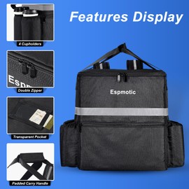 Food Delivery Backpack - Insulated, Large & Leakproof with 4 Cup Holders for Hot/Cold Food Delivery, Ideal for Uber Eats, Doordash & Postmates, Black