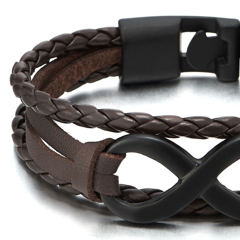 COOLSTEELANDBEYOND Black Infinity Love Number 8 Brown Leather Bangle Bracelet