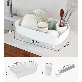carrotez Split-Design Small Dish Drying Rack, Space-Saving Dish Drainer for Small Kitchen Countertops, Ideal for 1–2 Person Households or as a Secondary Rack, 9.5'' × 15.9'' × 4.9'', White