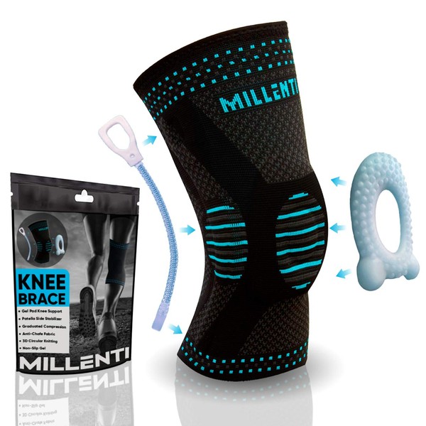 Millenti Knee Brace Compression Sleeve - Side Stabilizers & Patella Gel Pad, Knee Pain Running, Arthritis, ACL, Basketball, Football, Gym, Meniscus Tear, (Single) Black Blue, See Chart Size M, KB02MBU