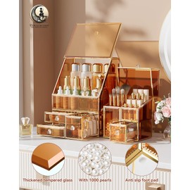 CoralHouse Makeup Organizer Amber,Glass Vanity Organizer for Skincare, Lipsticks, Perfume, Makeup Brushes – Countertop Cosmetic Storage Box for Women, Bathroom & Dresser