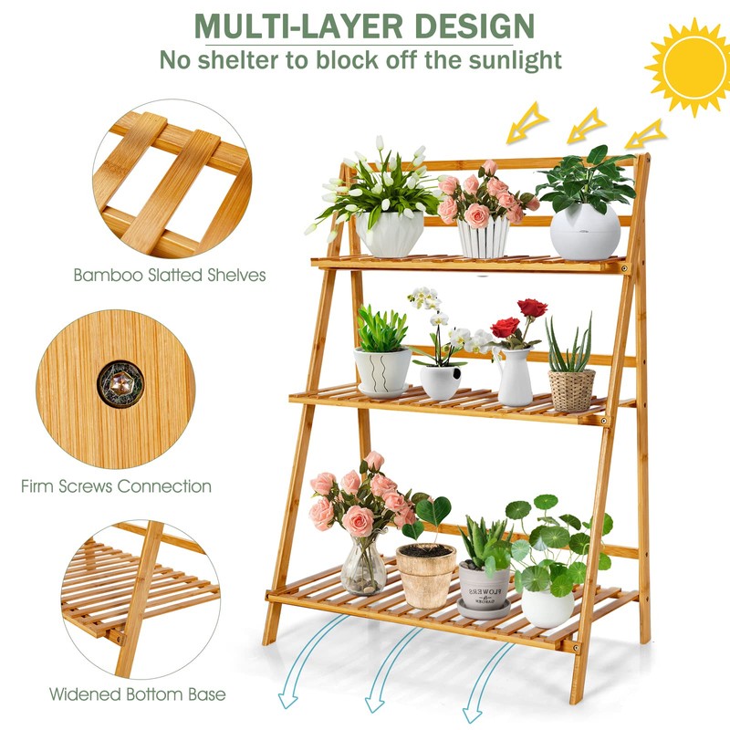 COSTWAY Bamboo Plant Stand, Foldable Multifunctional Flower Display Ladder Shelf,