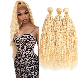 613 Curly Bundles Human Hair Honey Blonde Kinky Curly Human Hair Bundels 16 18 20 Inch Double Weft Blonde Bundle Tangle Free Unprocessed Remy Hair Extensions Silky Soft