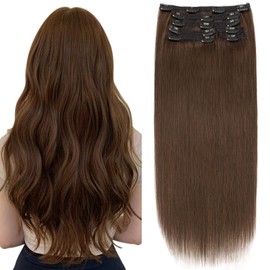 Elailite Clip in Hair Extensions Real Human Hair, Remy Hairpieces for Women, 7PCS Lace Weft Full Head, 16 Inch 110g Dark Brown
