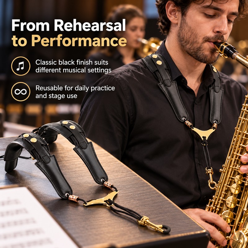Adjustable Leather Saxophone Shoulder Harness with Aluminum Support Plate, Shoulder-Supported
