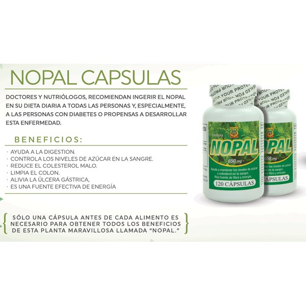 Capsulas de Nopal. Set de 2 frascos con 120 capsulas c/u. Ayuda a la Digestion, controla niveles de glucosa, Reduce el colesterol