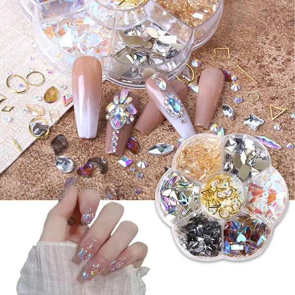 ZHEJIA Nail Art Jewelry Parts, Rhinestone Nail Parts (7 Styles Approximately 120 Pieces), Large Capacity Set, Nail Crystal, Nail Stone, Case Included, Diy Nail Set, Large Capacity Set, For Decorating and Clothing, High Lighting, For Nail Decoration, Mixe