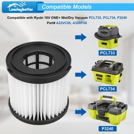 Leadaybetter 2 Pack HEPA Filter Replacement for Ryobi 18V ONE+ Wet/Dry Vacuum PCL733, PCL734, P3240, Also Compatible with HART 20-Volt 2-Gallon Wet/Dry Vac HPWD01B, Replace Part# A32VC05, A32RF08