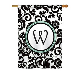 Breeze Decor H130075 Damask W Initial Decorative Vertical House Flag, 28" x 40", Multicolor