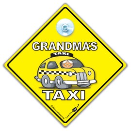Grandma's Taxi Car Sign, Grandmas Taxi Suction Cup Car Window Sign, Grandma Taxi Sign, Super Bright Suction Cup Advice Vehicle Sign in Super Bright Yellow and Black Lettering 14cm x 14cm x 2cm