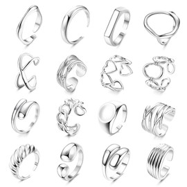 MILACOLATO 16Pcs Gold Chunky Dome Ring Set for Women Girls 18K Gold Plated Braided Twisted Round Signet Link Rings Adjustable Open Band Rings Size 5-9 Silver