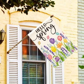 AVOIN colorlife Hello Spring Tulip Lavender House Flag 28 x 40 Inch Double Sided, Seasonal Flower Yard Outdoor Flag