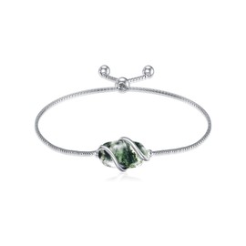 HPQQ Bracelet for Women 925 Sterling Silver Dainty Simple Gemstone Link Bracelet Fine Jewelry Anniversary Birthday Christmas Gifts for Women Her Mom (Fully Adjustable to 9 Inches) (Moss Agate)