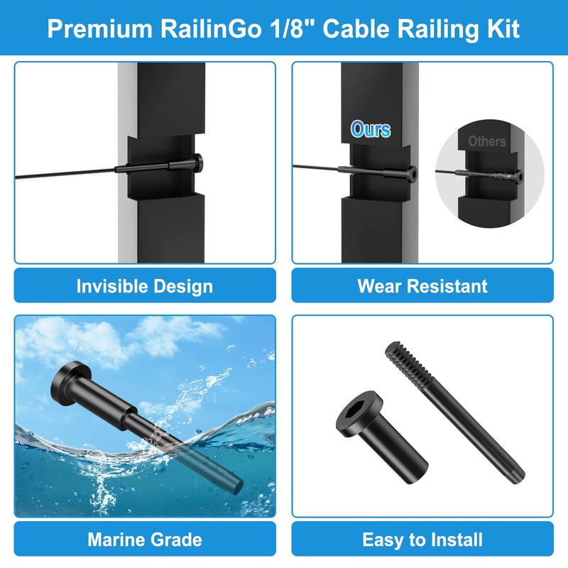 RailinGo 50Pack 1/8" Black Invisible Cable Railing Kit, T316 Stainless