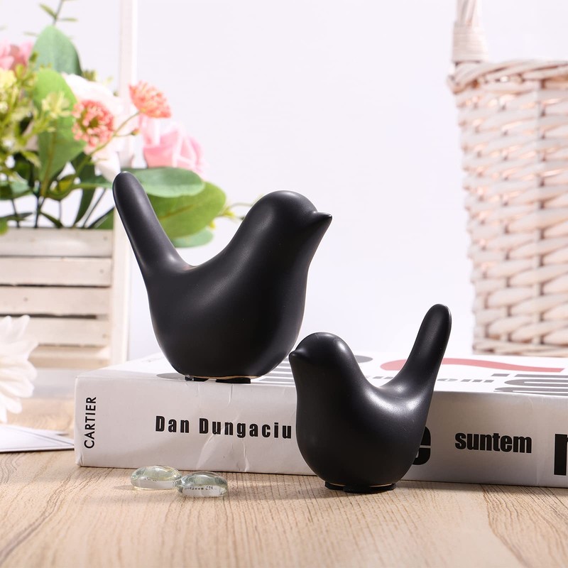VORCOOL Set of 2 Black Ceramic Bird Figures Set, Modern
