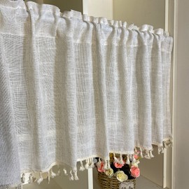 Boho Tassel Linen Curtain Valance for Kitchen Cabinet Farmhouse Semi Sheer Curtain Tiers for Room Divider Bathroom Rod Pocket Rustic Light Filtering Cafe Curtains for Home Decor 1 Panel W39 X L24 inch