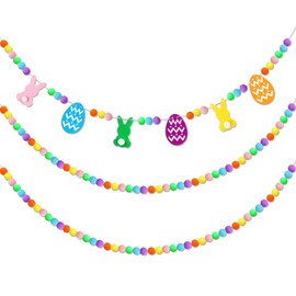 Breling 3 Pieces Easter Felt Garland 10 ft Colorful Felt Pom Pom Ball Garland Bunny Eggs Easter Banner Decorations for Mantle Fireplace Room Hanging Decor