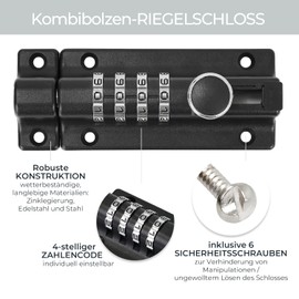 HMF Deadbolt 3591-02, Door Bolt with 4 Digit Combination Code Made of Zinc Alloy, 12.2 x 4 x 4.8 cm, Black