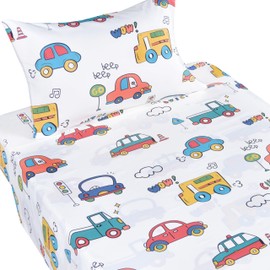 J-pinno Cars Buses Trucks Transport Vehicle Cute Twin 100% Cotton 3 Pieces Sheet Set for Kids Girls Children, Flat Sheet + Fitted Sheet + Pillowcase Bedding Decoration Gift Set