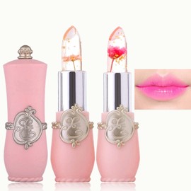 WENJLYJ 2PCS Crystal Flower Jelly Lipstick,Clear Lipstick with Flower Inside Magic PH Temperature Color Changing Tinted Lip Balm,Long Lasting Waterproof Moisturizing Lip Gloss Set(01+02)