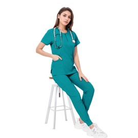 Meichoon Scrubs Set Split Crew Neck Top with 4 Pockets Stretch Fit Jogging Bottoms Medical Uniform Dental Grooming Pet DK07, Blue (sea blue)